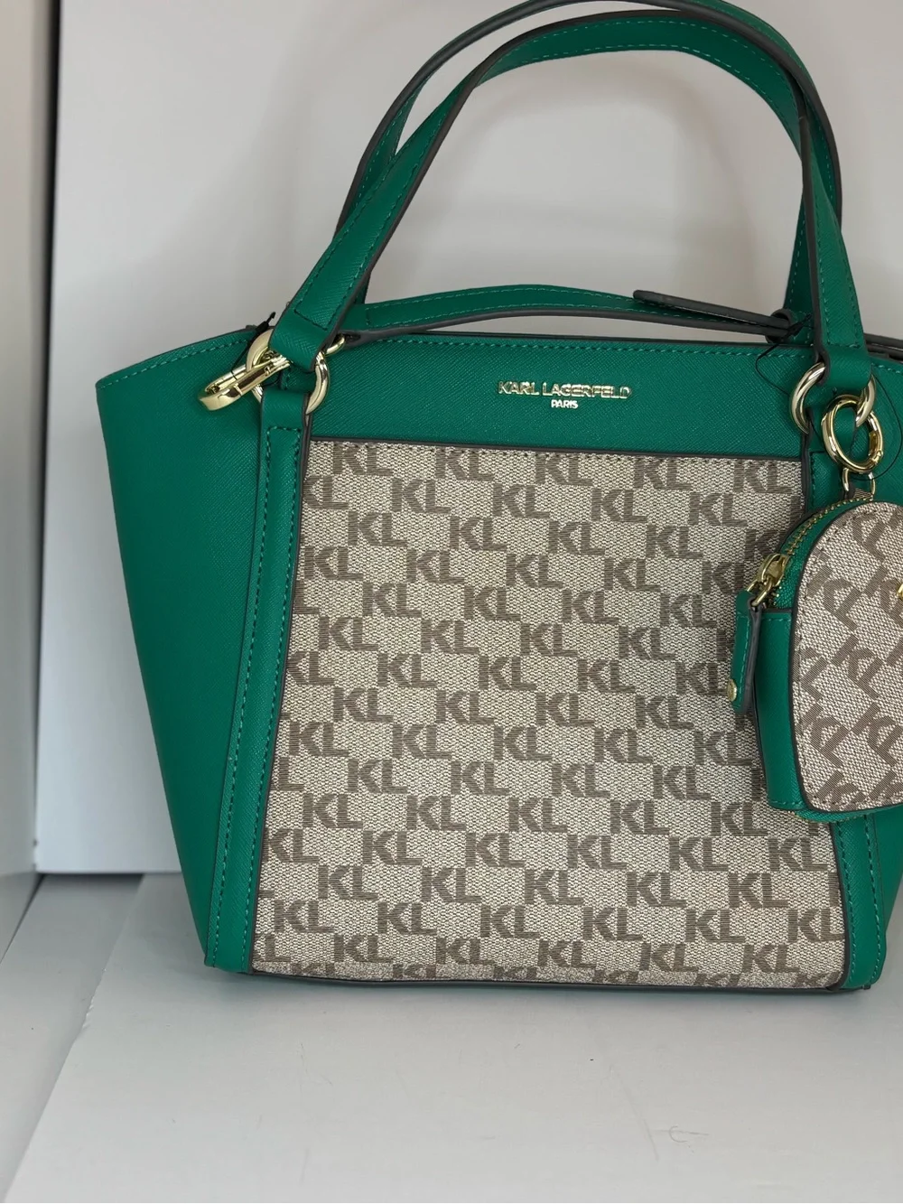 Karl Lagerfeld Teal and Beige Logo-Panel Satchel with Heart Charm